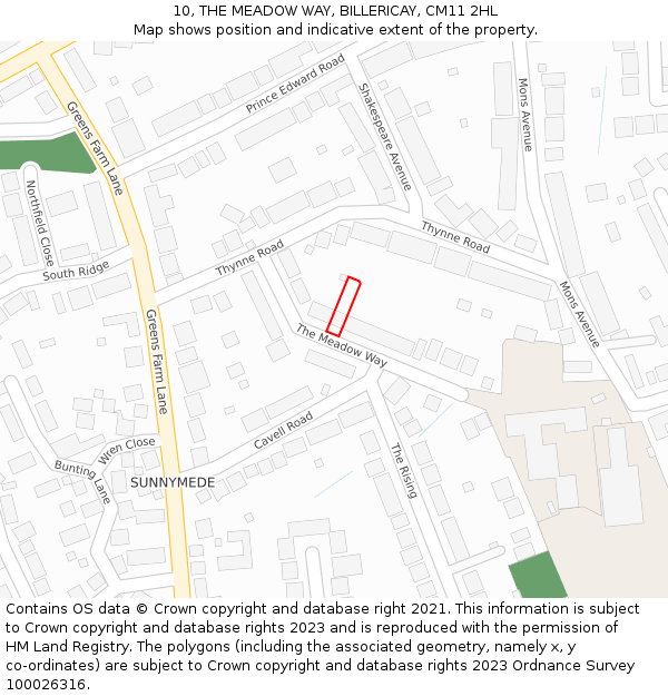 10, THE MEADOW WAY, BILLERICAY, CM11 2HL: Location map and indicative extent of plot