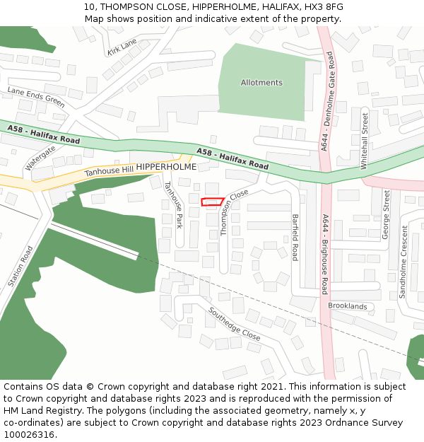 10, THOMPSON CLOSE, HIPPERHOLME, HALIFAX, HX3 8FG: Location map and indicative extent of plot