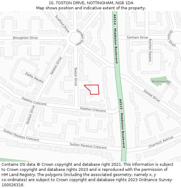 10, TOSTON DRIVE, NOTTINGHAM, NG8 1DA: Location map and indicative extent of plot