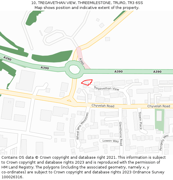10, TREGAVETHAN VIEW, THREEMILESTONE, TRURO, TR3 6SS: Location map and indicative extent of plot