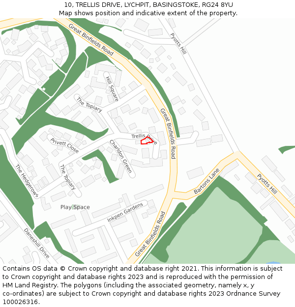 10, TRELLIS DRIVE, LYCHPIT, BASINGSTOKE, RG24 8YU: Location map and indicative extent of plot