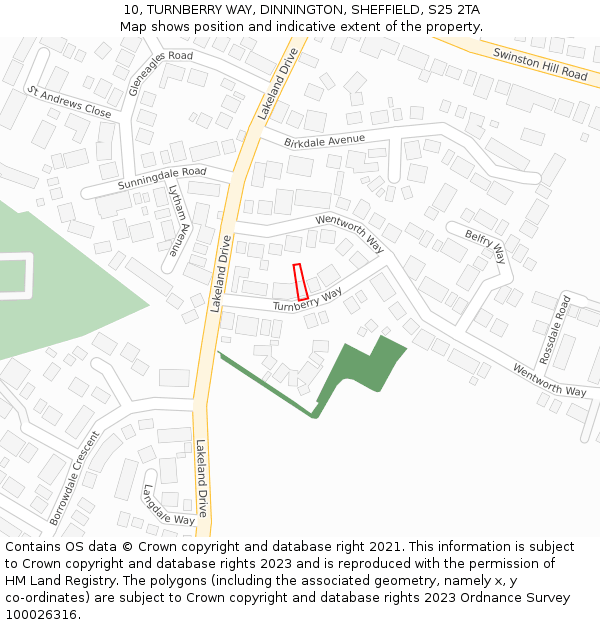 10, TURNBERRY WAY, DINNINGTON, SHEFFIELD, S25 2TA: Location map and indicative extent of plot