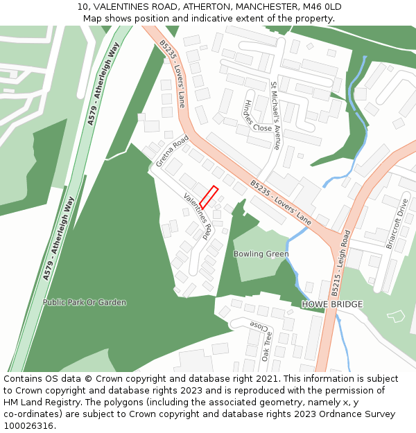 10, VALENTINES ROAD, ATHERTON, MANCHESTER, M46 0LD: Location map and indicative extent of plot