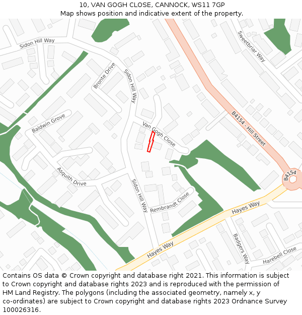 10, VAN GOGH CLOSE, CANNOCK, WS11 7GP: Location map and indicative extent of plot