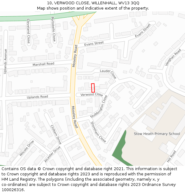 10, VERWOOD CLOSE, WILLENHALL, WV13 3QQ: Location map and indicative extent of plot