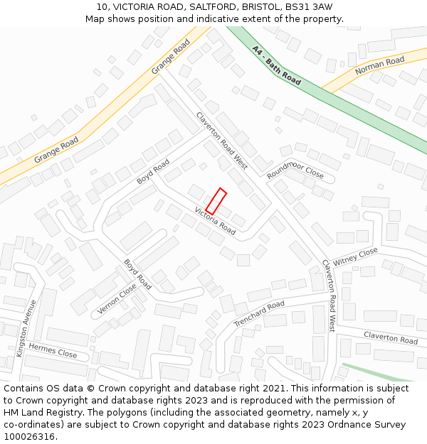 10, VICTORIA ROAD, SALTFORD, BRISTOL, BS31 3AW: Location map and indicative extent of plot
