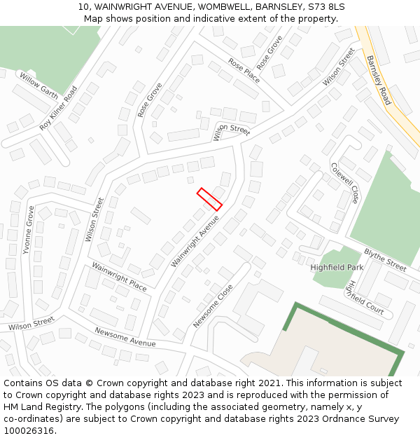 10, WAINWRIGHT AVENUE, WOMBWELL, BARNSLEY, S73 8LS: Location map and indicative extent of plot
