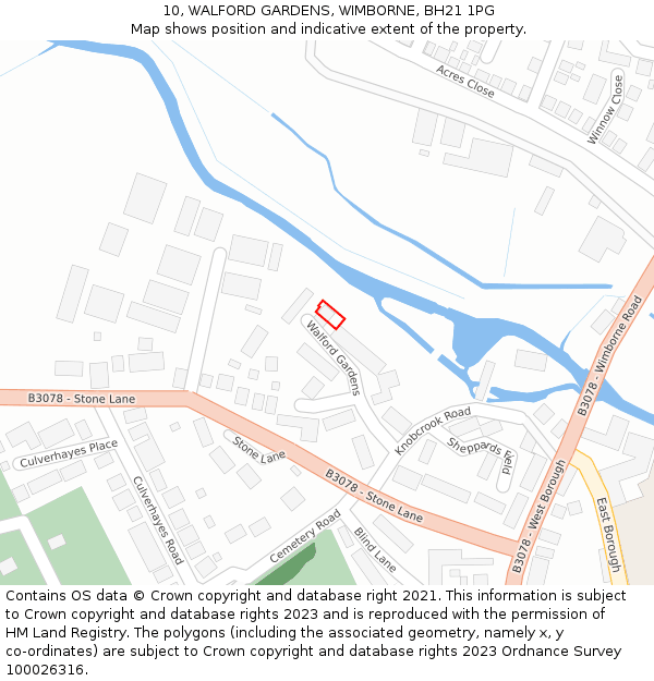 10, WALFORD GARDENS, WIMBORNE, BH21 1PG: Location map and indicative extent of plot