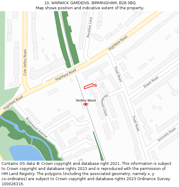 10, WARWICK GARDENS, BIRMINGHAM, B28 0BQ: Location map and indicative extent of plot