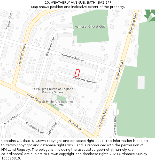 10, WEATHERLY AVENUE, BATH, BA2 2PF: Location map and indicative extent of plot