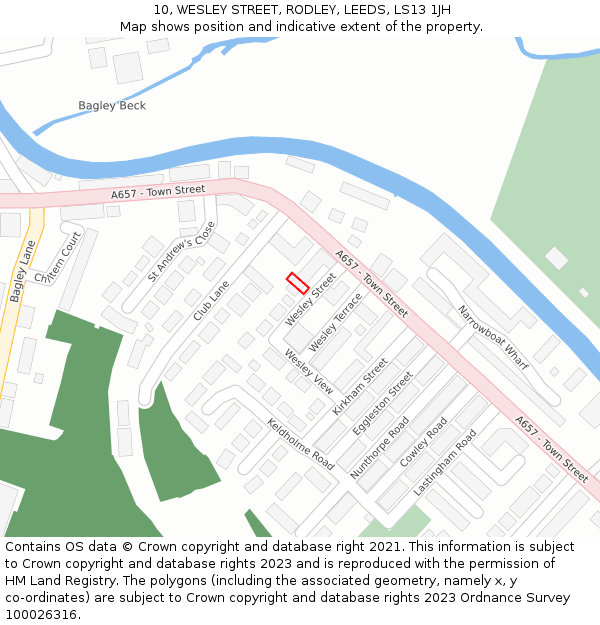 10, WESLEY STREET, RODLEY, LEEDS, LS13 1JH: Location map and indicative extent of plot