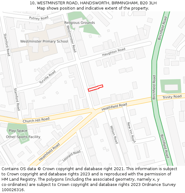 10, WESTMINSTER ROAD, HANDSWORTH, BIRMINGHAM, B20 3LH: Location map and indicative extent of plot