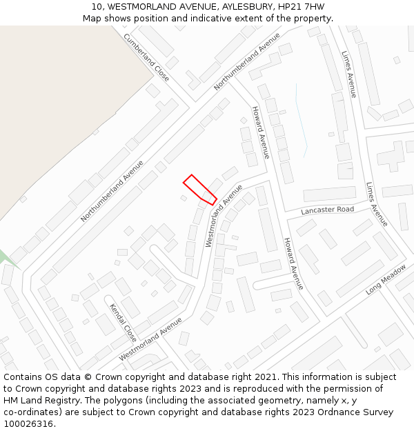 10, WESTMORLAND AVENUE, AYLESBURY, HP21 7HW: Location map and indicative extent of plot