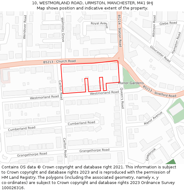 10, WESTMORLAND ROAD, URMSTON, MANCHESTER, M41 9HJ: Location map and indicative extent of plot