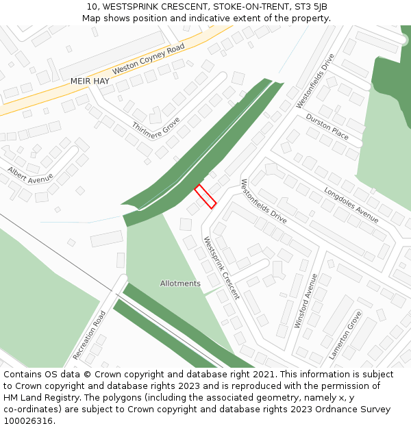 10, WESTSPRINK CRESCENT, STOKE-ON-TRENT, ST3 5JB: Location map and indicative extent of plot