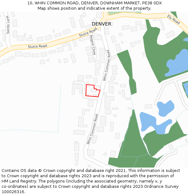 10, WHIN COMMON ROAD, DENVER, DOWNHAM MARKET, PE38 0DX: Location map and indicative extent of plot