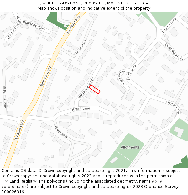 10, WHITEHEADS LANE, BEARSTED, MAIDSTONE, ME14 4DE: Location map and indicative extent of plot
