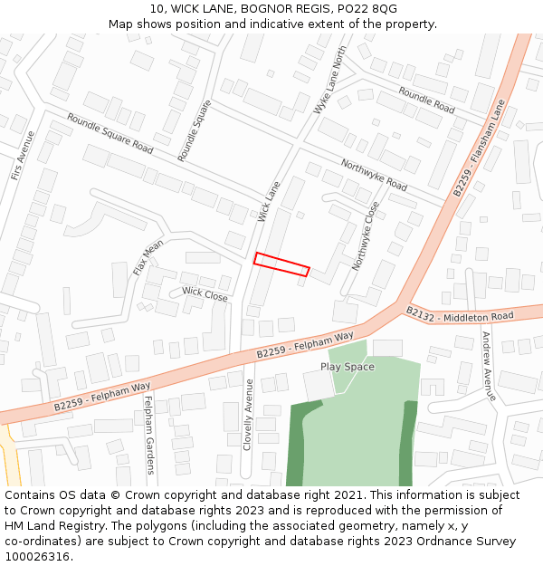 10, WICK LANE, BOGNOR REGIS, PO22 8QG: Location map and indicative extent of plot