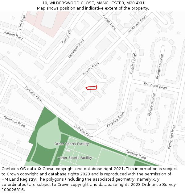 10, WILDERSWOOD CLOSE, MANCHESTER, M20 4XU: Location map and indicative extent of plot
