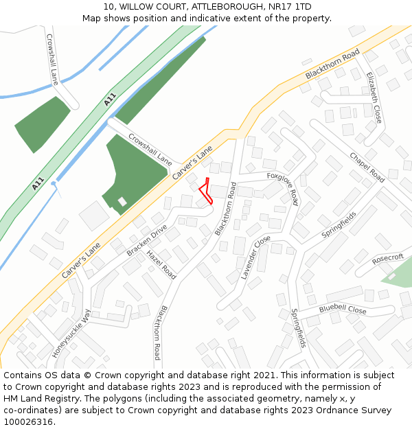 10, WILLOW COURT, ATTLEBOROUGH, NR17 1TD: Location map and indicative extent of plot