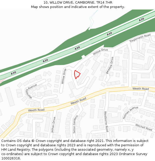 10, WILLOW DRIVE, CAMBORNE, TR14 7HR: Location map and indicative extent of plot
