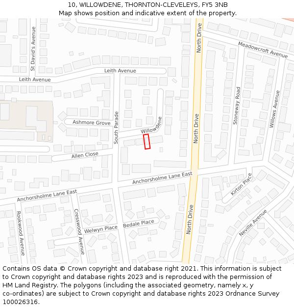 10, WILLOWDENE, THORNTON-CLEVELEYS, FY5 3NB: Location map and indicative extent of plot