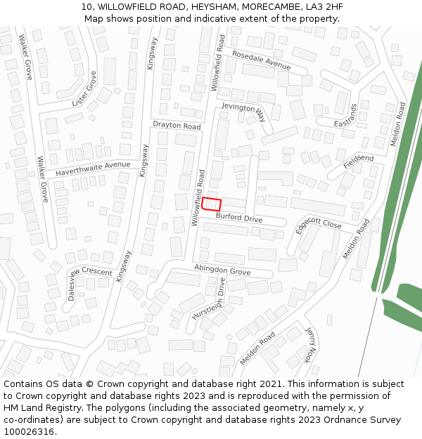 10, WILLOWFIELD ROAD, HEYSHAM, MORECAMBE, LA3 2HF: Location map and indicative extent of plot