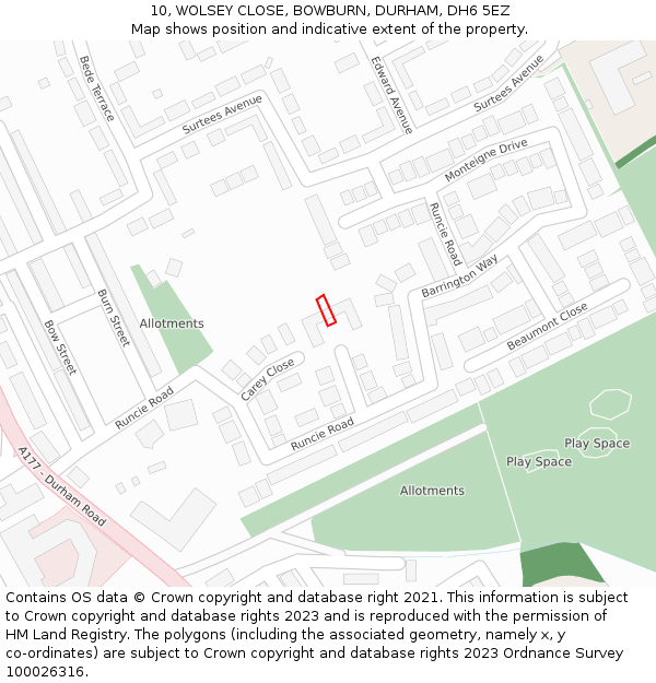 10, WOLSEY CLOSE, BOWBURN, DURHAM, DH6 5EZ: Location map and indicative extent of plot