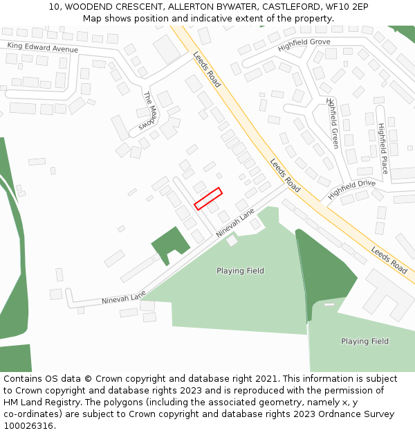 10, WOODEND CRESCENT, ALLERTON BYWATER, CASTLEFORD, WF10 2EP: Location map and indicative extent of plot