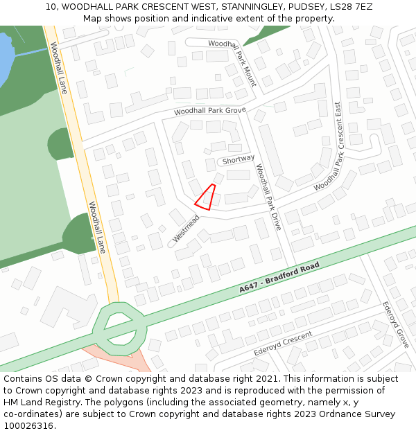 10, WOODHALL PARK CRESCENT WEST, STANNINGLEY, PUDSEY, LS28 7EZ: Location map and indicative extent of plot