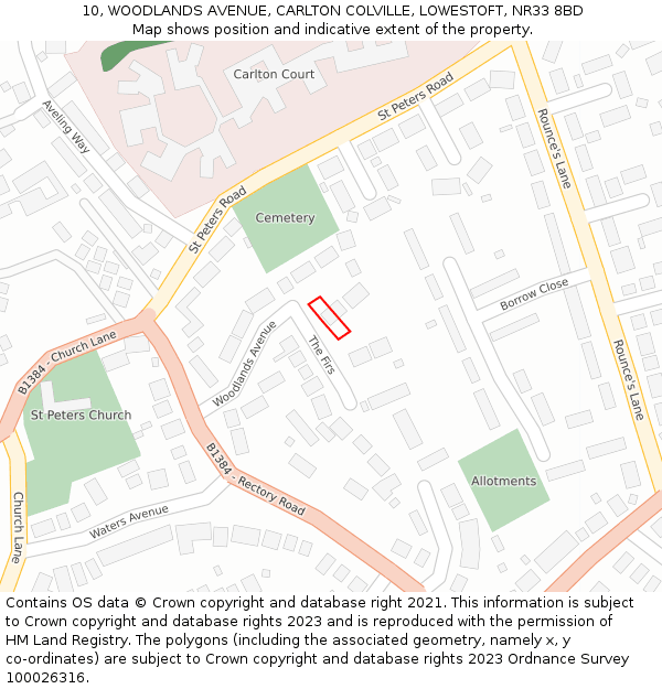 10, WOODLANDS AVENUE, CARLTON COLVILLE, LOWESTOFT, NR33 8BD: Location map and indicative extent of plot
