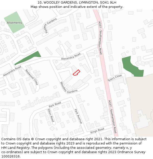 10, WOODLEY GARDENS, LYMINGTON, SO41 9LH: Location map and indicative extent of plot
