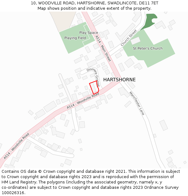 10, WOODVILLE ROAD, HARTSHORNE, SWADLINCOTE, DE11 7ET: Location map and indicative extent of plot