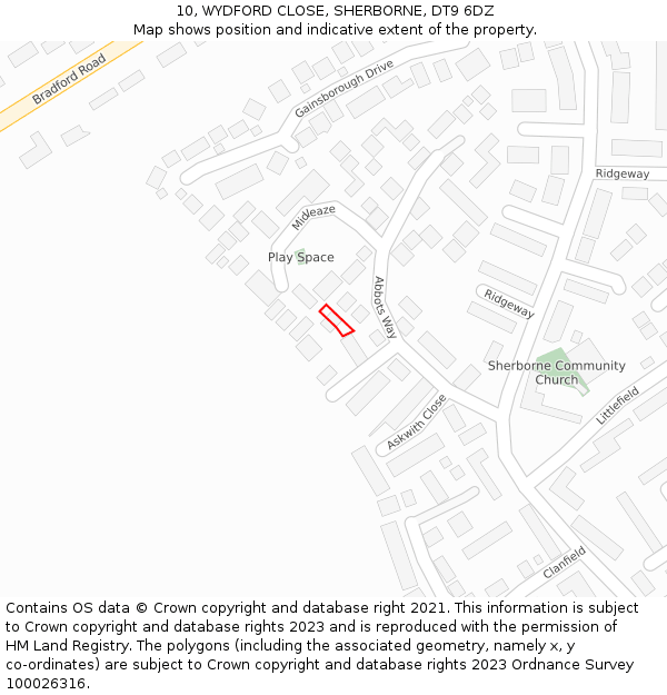 10, WYDFORD CLOSE, SHERBORNE, DT9 6DZ: Location map and indicative extent of plot