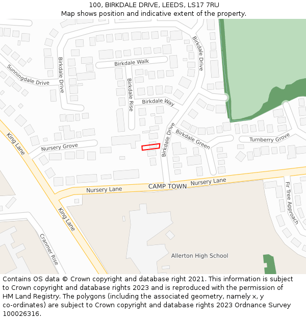 100, BIRKDALE DRIVE, LEEDS, LS17 7RU: Location map and indicative extent of plot