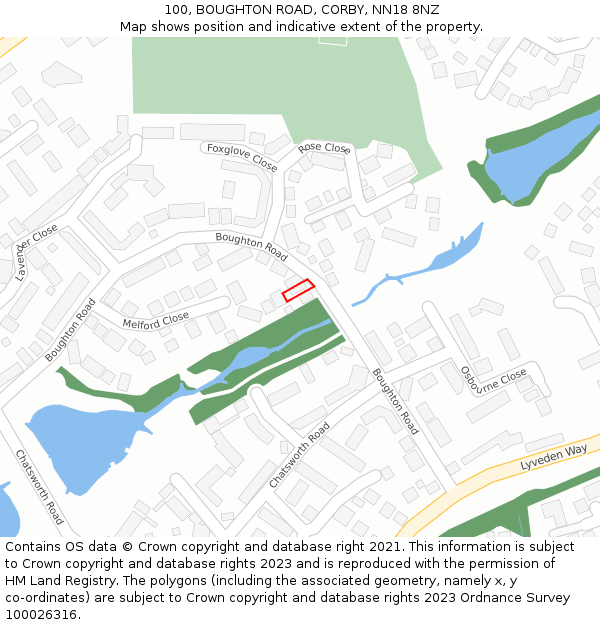 100, BOUGHTON ROAD, CORBY, NN18 8NZ: Location map and indicative extent of plot