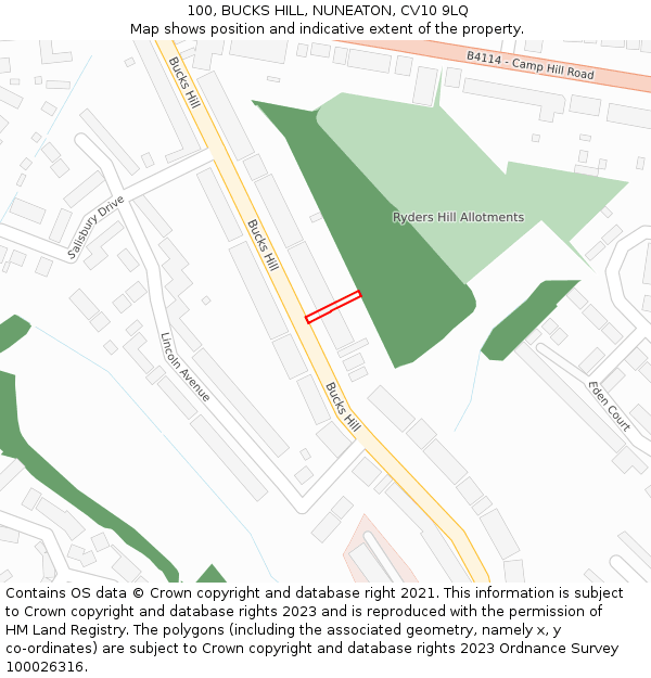 100, BUCKS HILL, NUNEATON, CV10 9LQ: Location map and indicative extent of plot