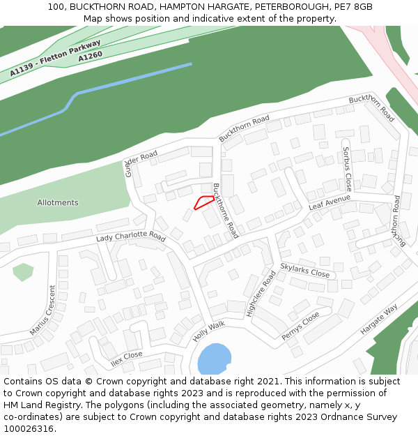 100, BUCKTHORN ROAD, HAMPTON HARGATE, PETERBOROUGH, PE7 8GB: Location map and indicative extent of plot