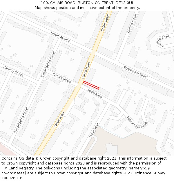 100, CALAIS ROAD, BURTON-ON-TRENT, DE13 0UL: Location map and indicative extent of plot