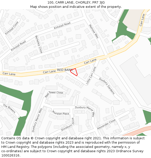 100, CARR LANE, CHORLEY, PR7 3JG: Location map and indicative extent of plot