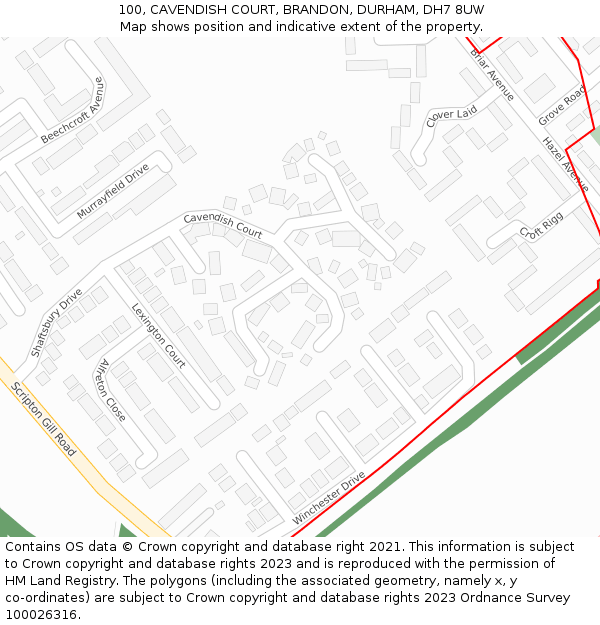 100, CAVENDISH COURT, BRANDON, DURHAM, DH7 8UW: Location map and indicative extent of plot