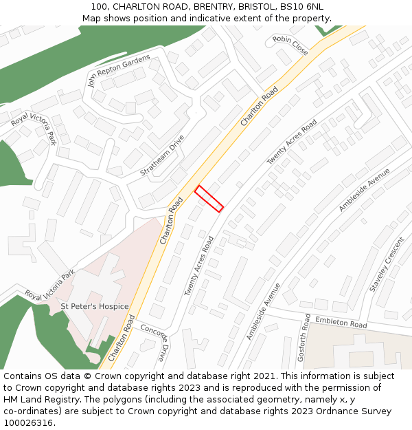100, CHARLTON ROAD, BRENTRY, BRISTOL, BS10 6NL: Location map and indicative extent of plot