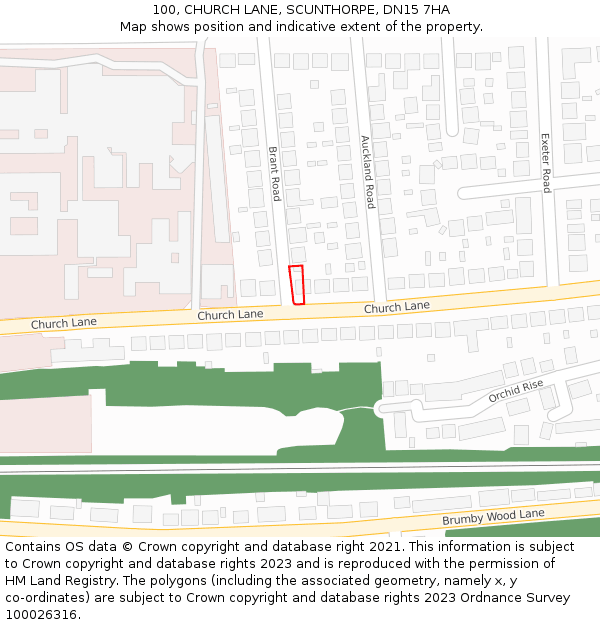 100, CHURCH LANE, SCUNTHORPE, DN15 7HA: Location map and indicative extent of plot