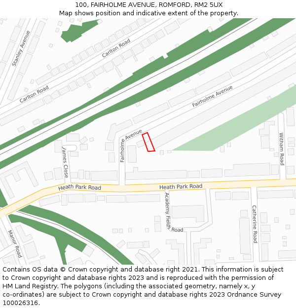 100, FAIRHOLME AVENUE, ROMFORD, RM2 5UX: Location map and indicative extent of plot