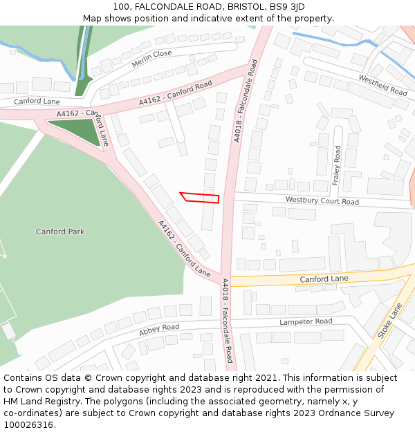 100, FALCONDALE ROAD, BRISTOL, BS9 3JD: Location map and indicative extent of plot