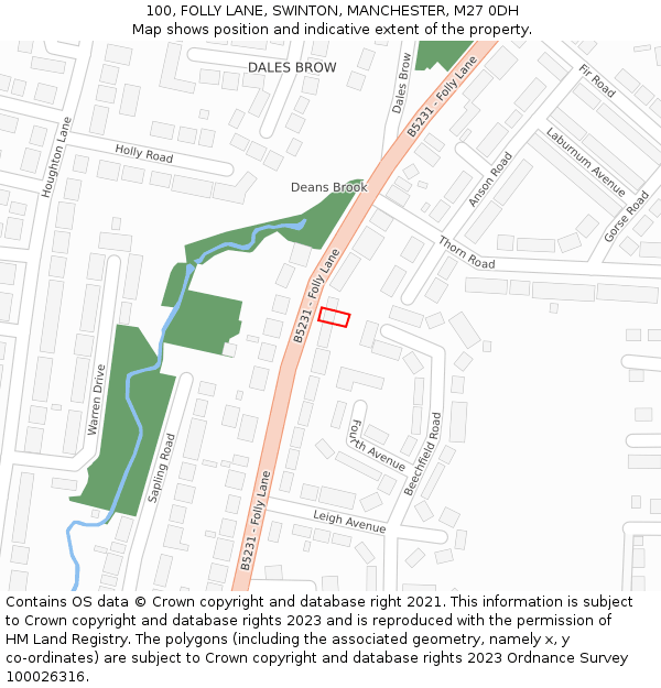 100, FOLLY LANE, SWINTON, MANCHESTER, M27 0DH: Location map and indicative extent of plot