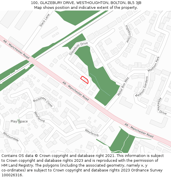100, GLAZEBURY DRIVE, WESTHOUGHTON, BOLTON, BL5 3JB: Location map and indicative extent of plot