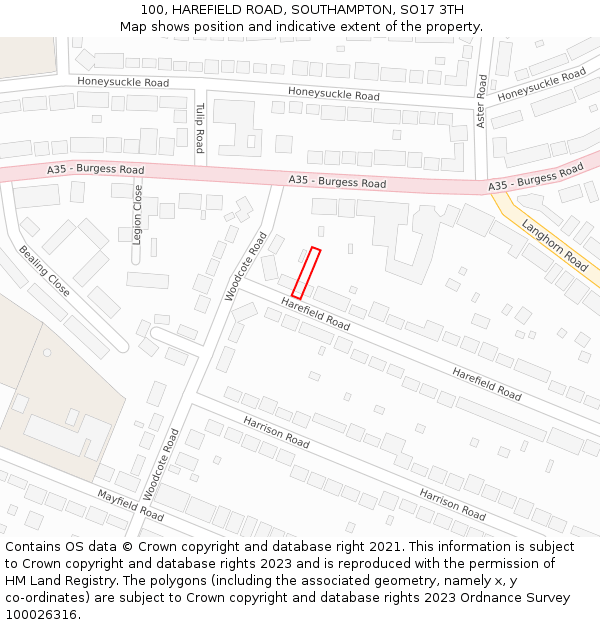 100, HAREFIELD ROAD, SOUTHAMPTON, SO17 3TH: Location map and indicative extent of plot
