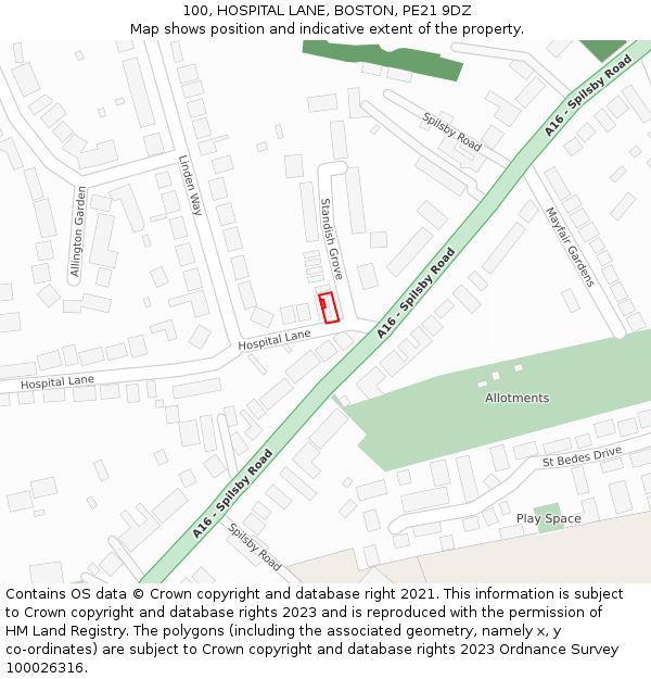 100, HOSPITAL LANE, BOSTON, PE21 9DZ: Location map and indicative extent of plot