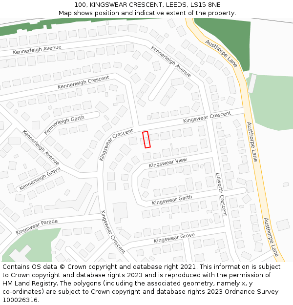 100, KINGSWEAR CRESCENT, LEEDS, LS15 8NE: Location map and indicative extent of plot